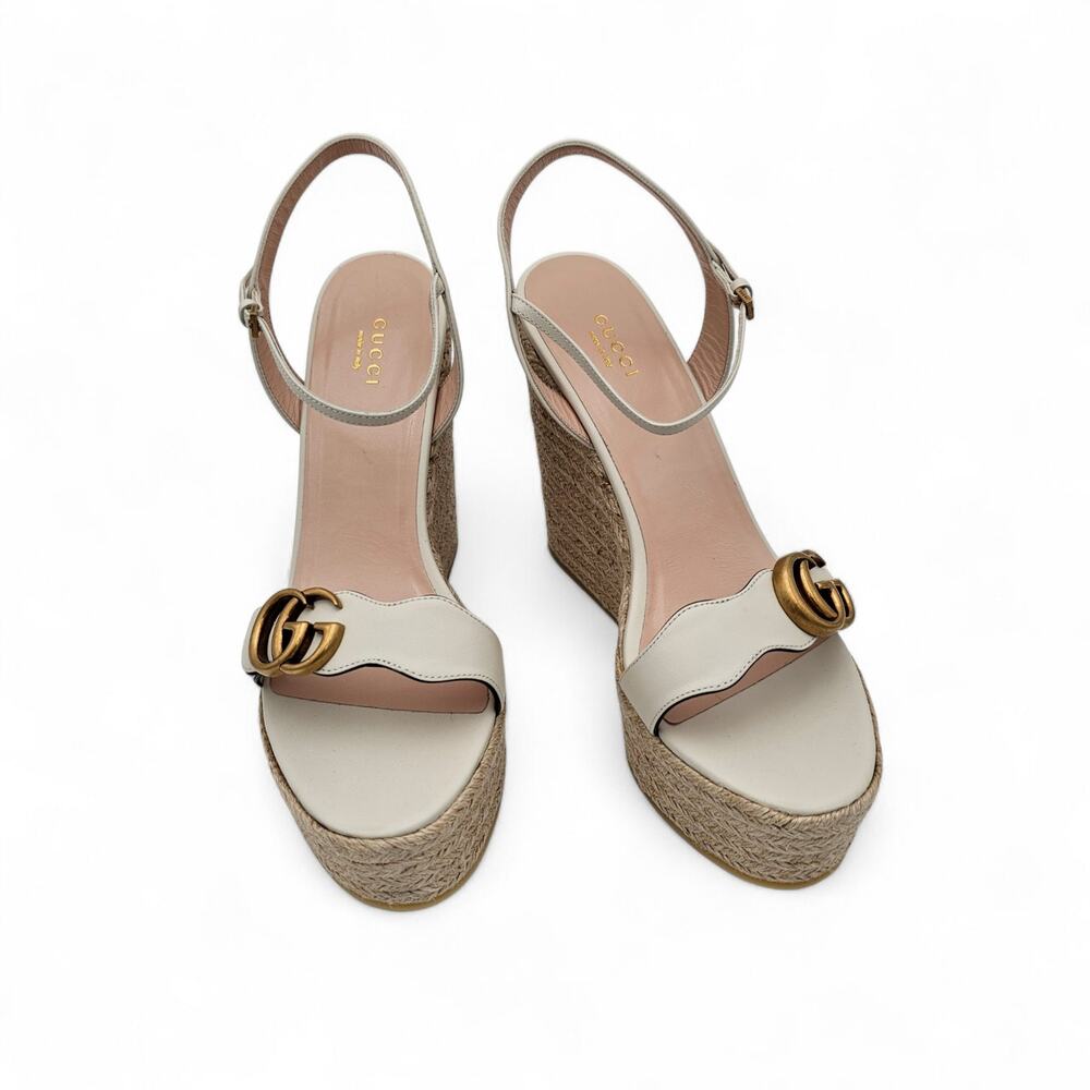 Gucci GG Marmont Aitana Platform Wedge Sandal White Leather Gold Size 41 US 11
